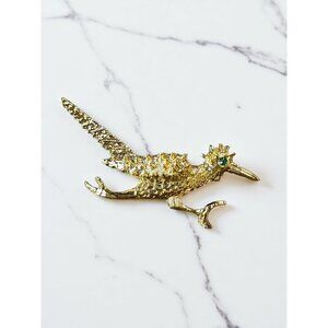Vintage Gerry's Gold Tone Metal Roadrunner with Green Gemstone Brooch Pin